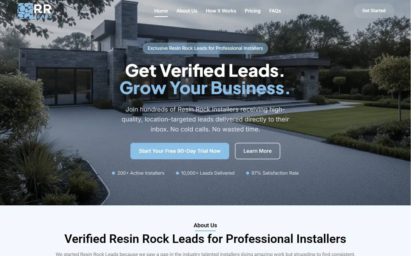 The Resin Rock Leads homepage, offering verified leads to professional installers